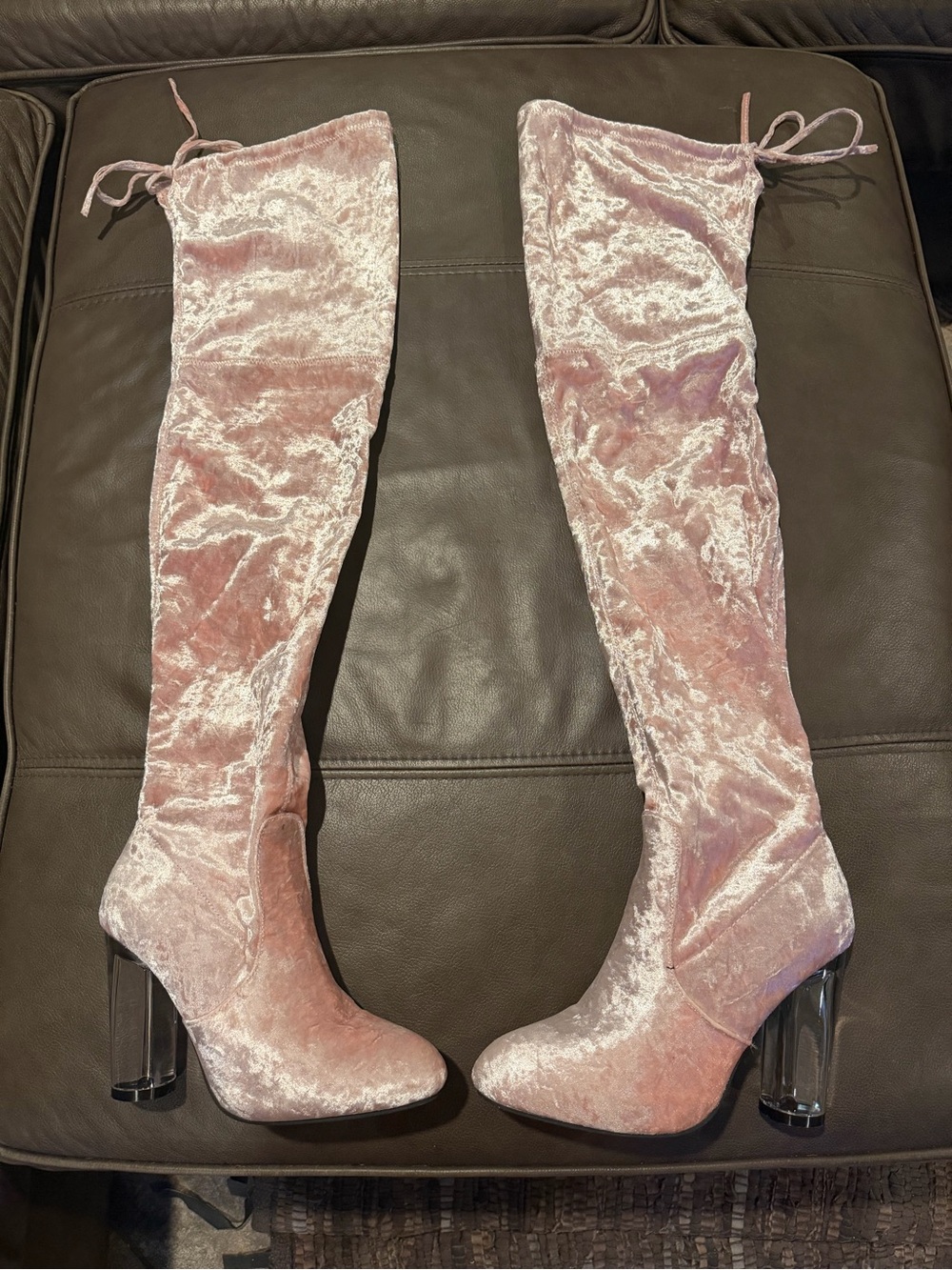 Qupid Pink Velvet Over-the-Knee Boots with Clear Block Heel